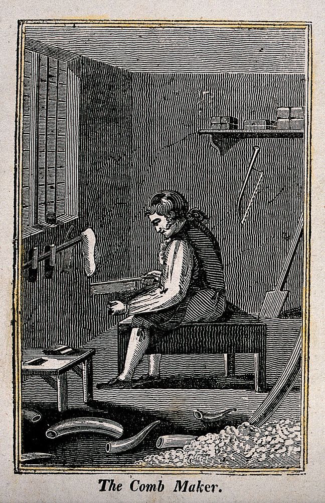 A man is sitting on a bench making combs. Wood engraving.