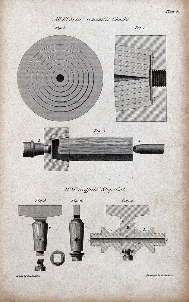 Engineering: a chuck for a lathe, and a stopcock. Engraving by G. Gladwin after J. Clements.