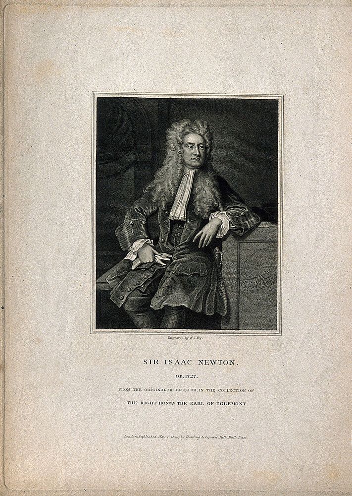 Sir Isaac Newton. Stipple engraving by W. T. Fry, 1829, after Sir G. Kneller, 1720.
