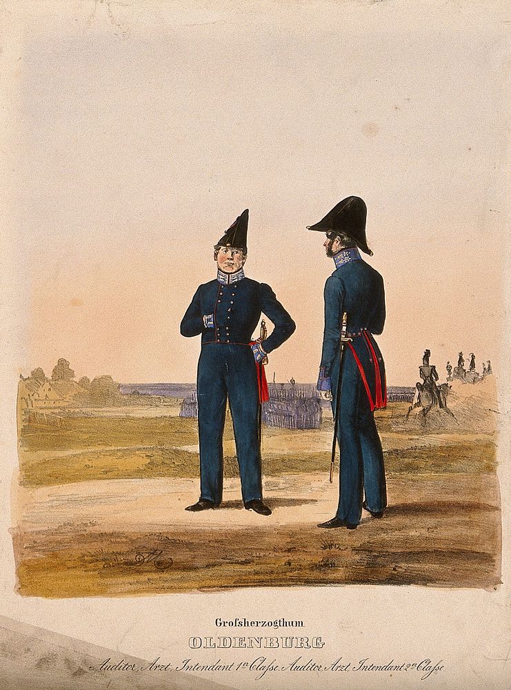 Two uniformed German army doctors standing in the grounds of the House of Oldenburg. Coloured lithograph, c. 1870.