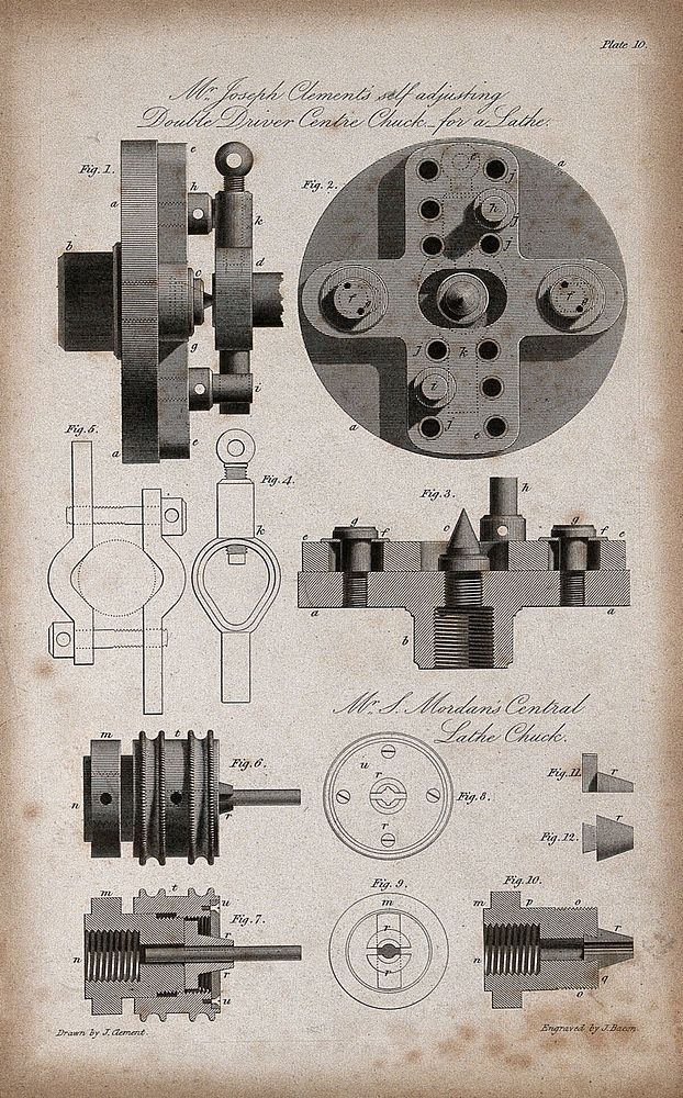 Two chuck mechanisms for an engineer's lathe: elevations, cross-section, and details. Engraving by J. Bacon after J. Clement.