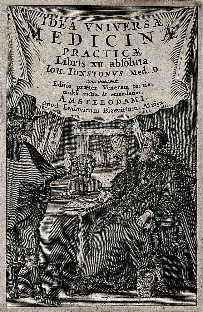 A man consulting a physician who is seated behind a table on which is a skull. Engraving, 1652.