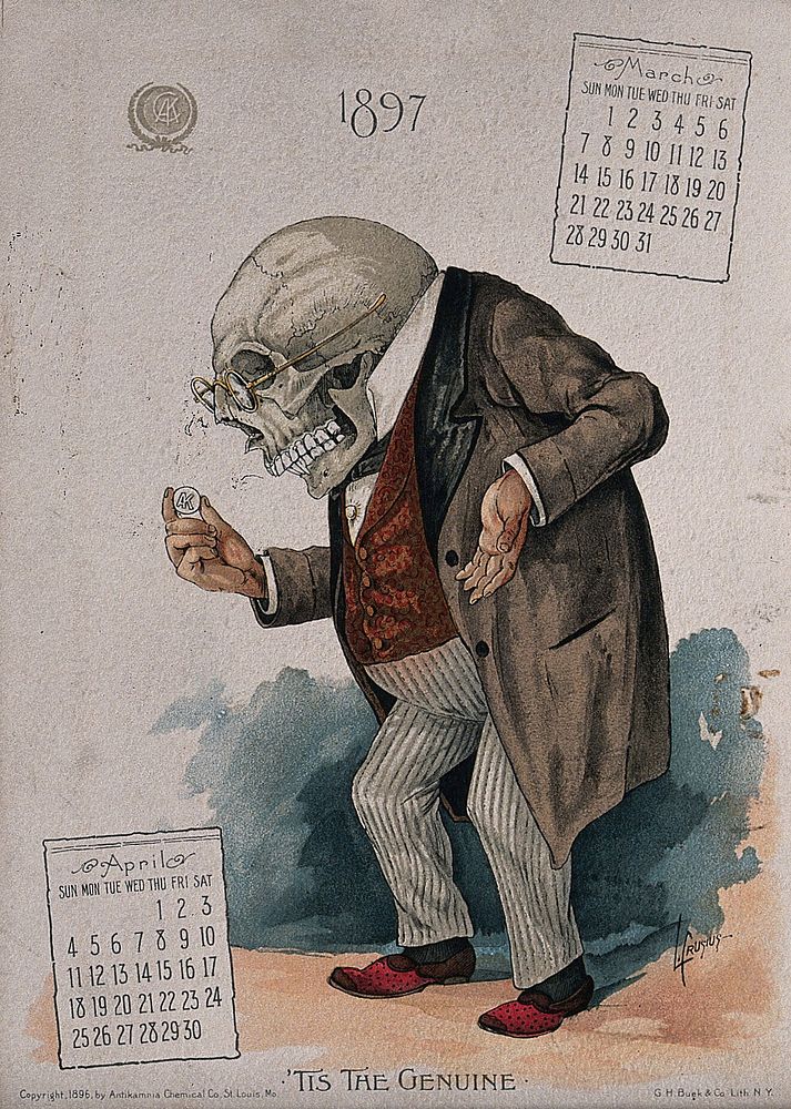 A skeletal man inspects a coin. Lithograph by L. Crusius.