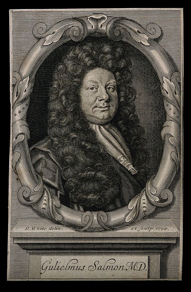William Salmon. Line engraving by R. White, 1700, after himself.