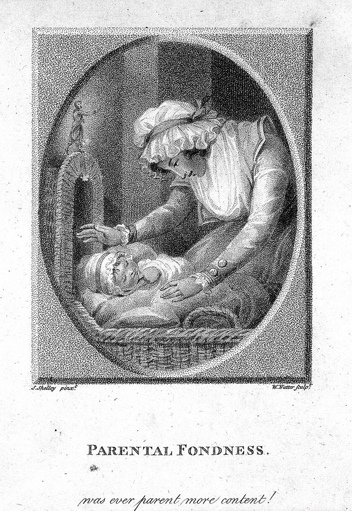 A young mother looks over her baby as it lies sleeping in its crib. Stipple engraving, 1789, by W. Nutter after S. Shelley.