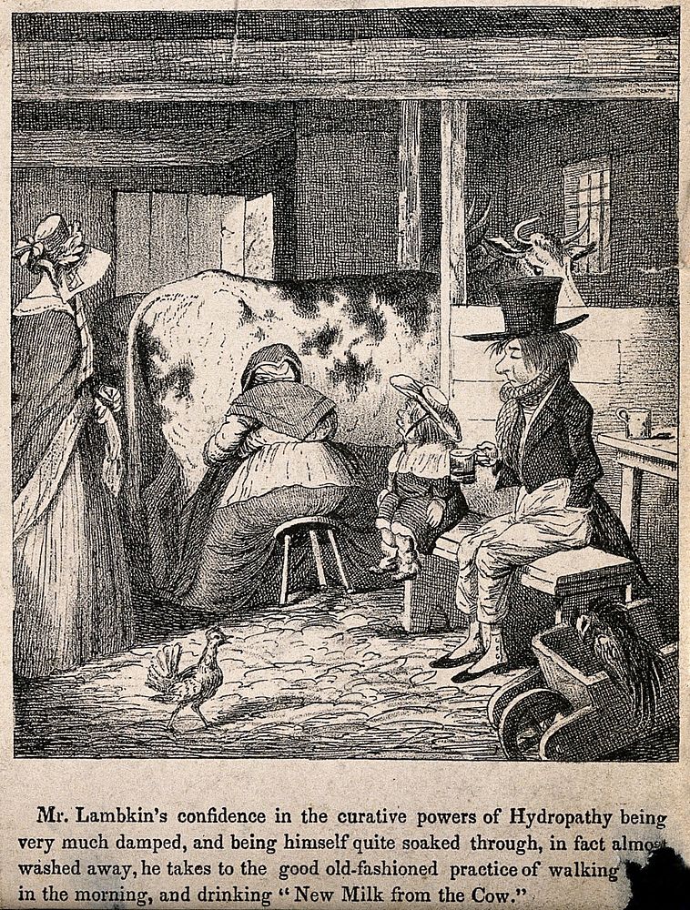 Mr. Lambkin ill trying the recuperative powers of walking and drinking fresh milk. Lithograph by G. Cruikshank.