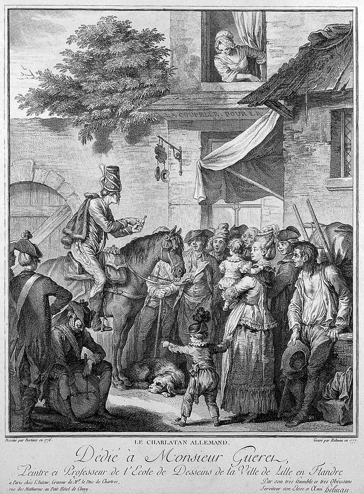 A German itinerant medicine vendor on horseback selling his wares. Engraving by I. Helman, 1777, after J. Bertaux, 1776.
