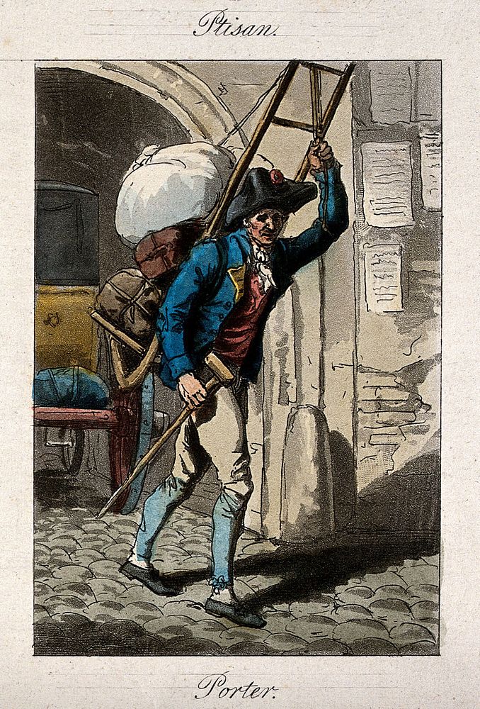 A man is carrying bags and bundles on his back. Coloured etching.