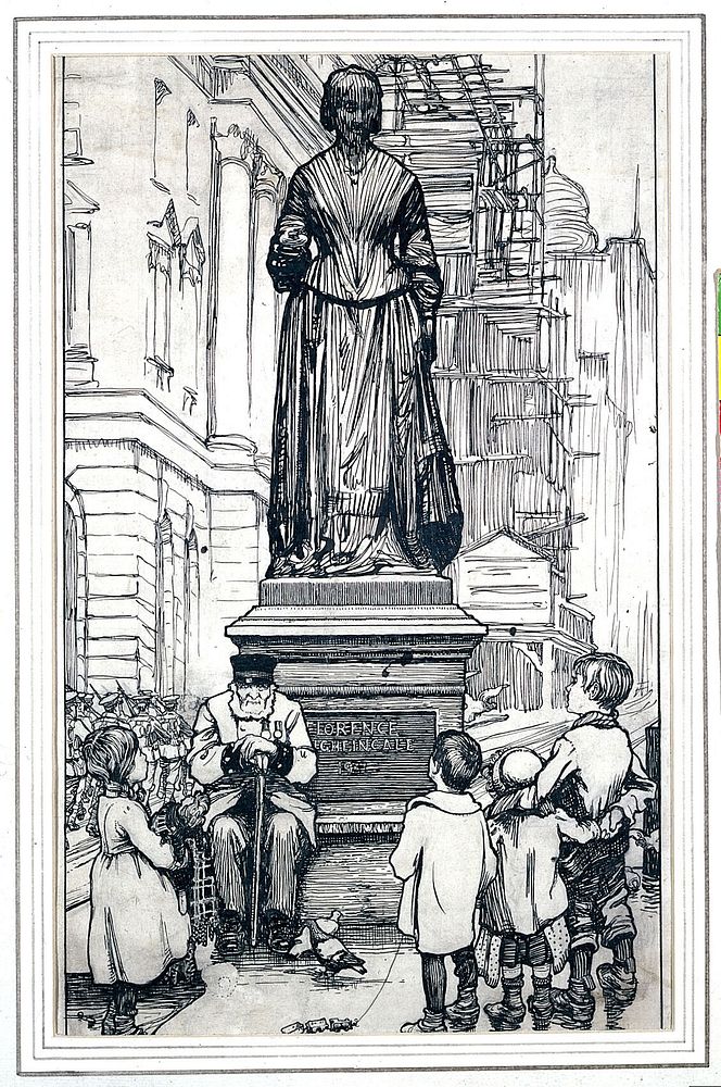The statue of Florence Nightingale in Waterloo Place, Westminster, with a veteran of the Crimean War and children. Drawing…