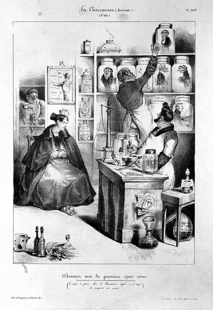 A pharmacist (Louis Phillippe) making up a prescription for a seated lady, surrounded by figures in apothecary jars;…