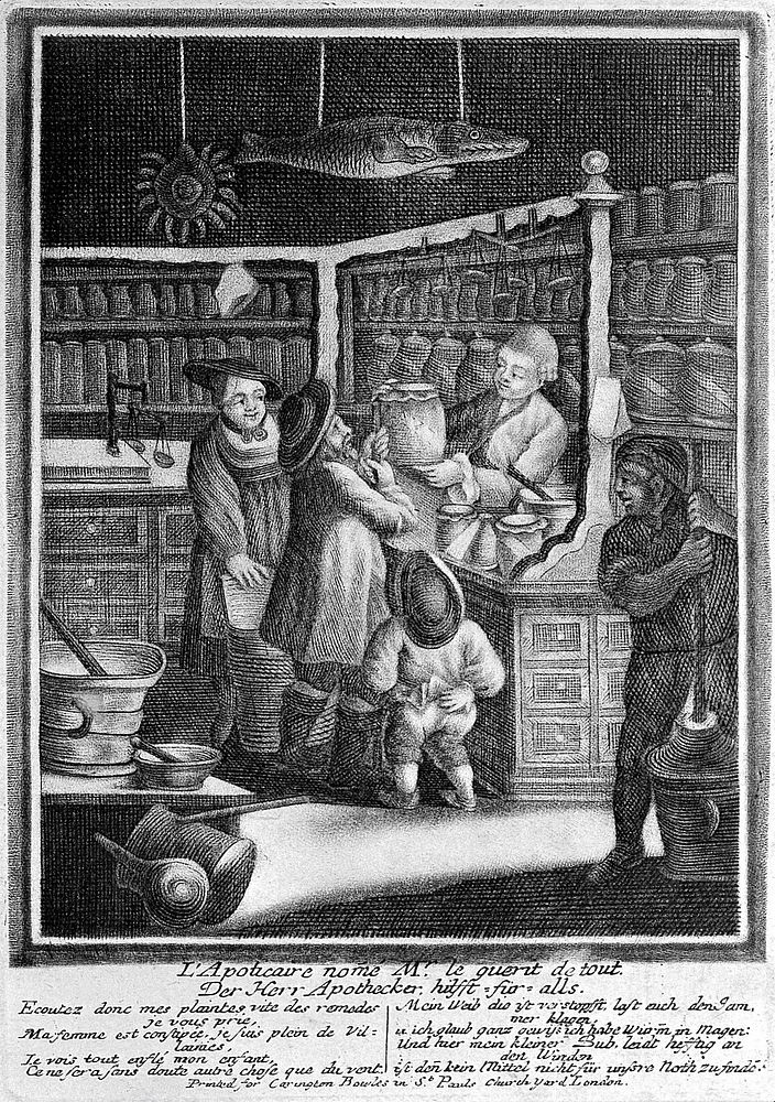 A couple and their child consulting a pharmacist in his shop, an apprentice is mixing up a concoction with a large pestle…