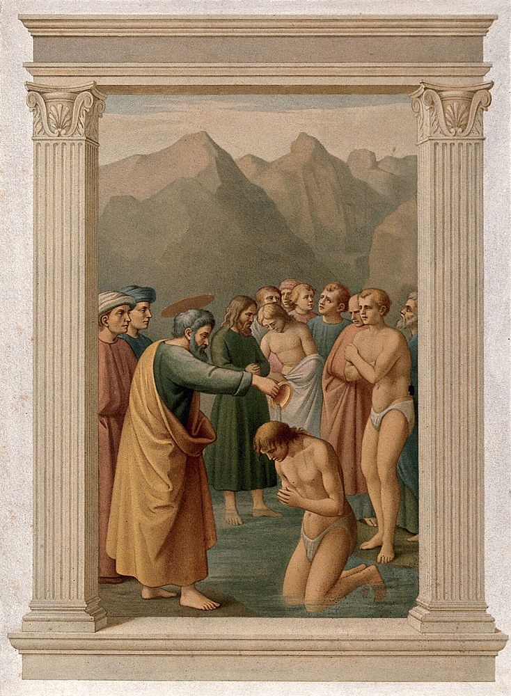 Saint Peter baptizing. Chromolithograph by L. Gruner after C. Mariannecci after Masaccio.