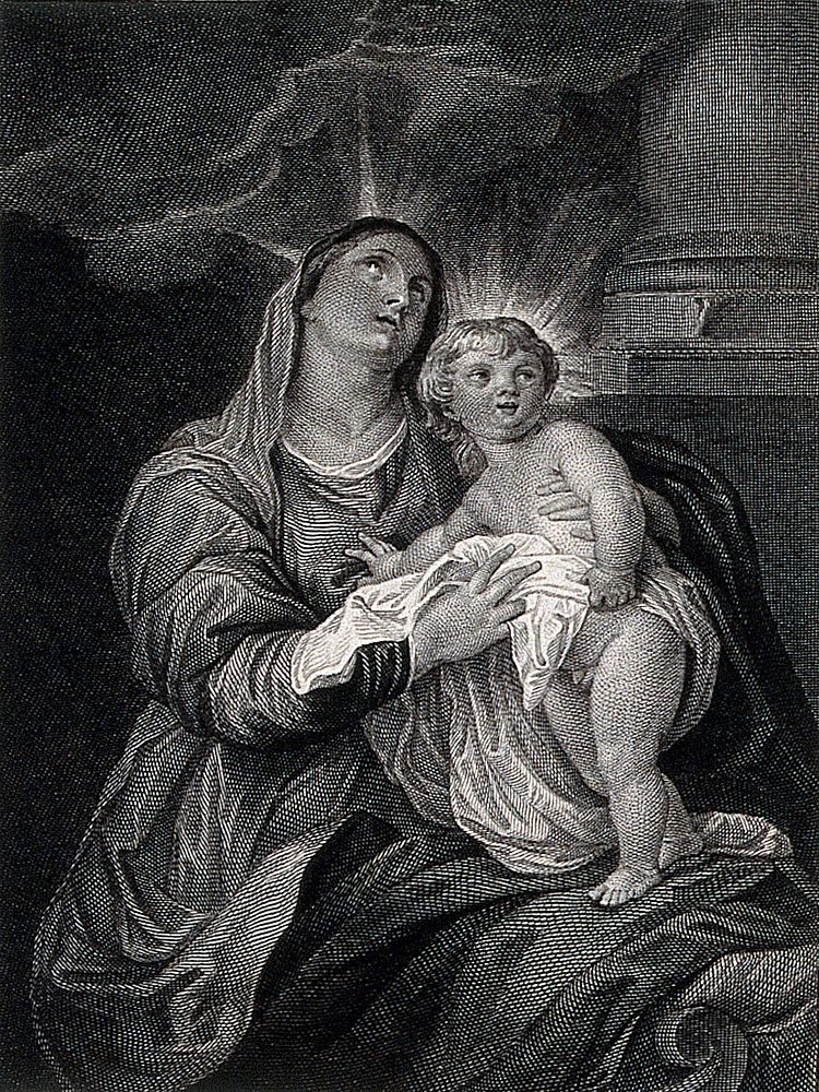 Saint Mary (the Blessed Virgin) with the Christ Child. Line engraving W. Finden, 1816, after W.M. Craig after Sir A. van…