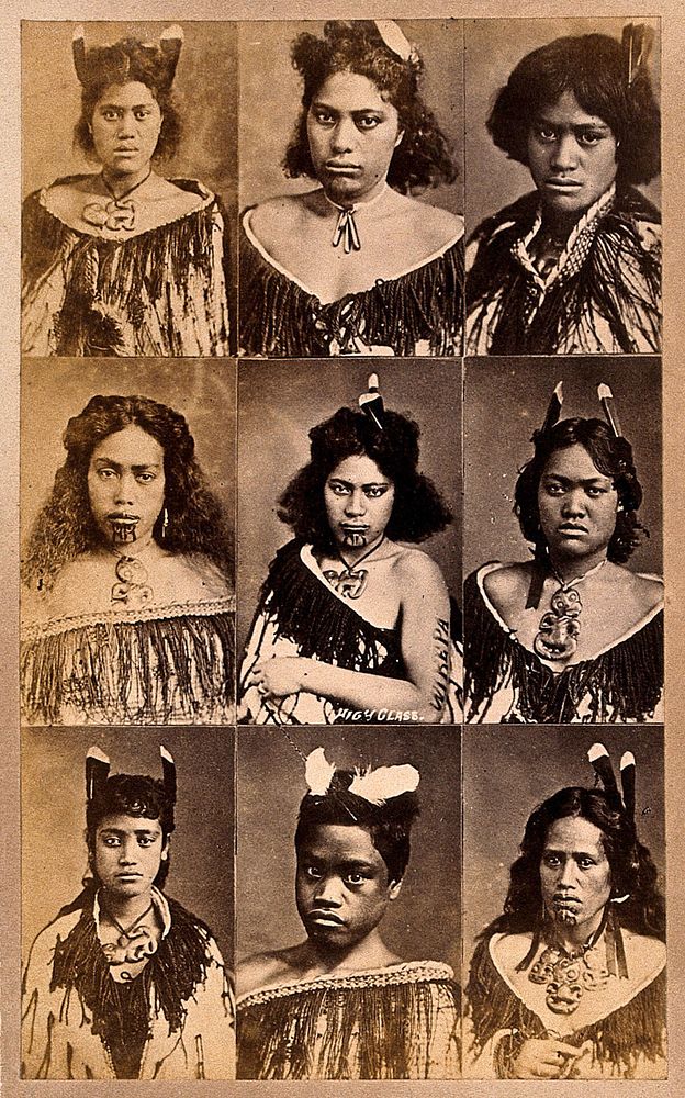 New Zealand: nine individual photos of Maori people. Albumen print.