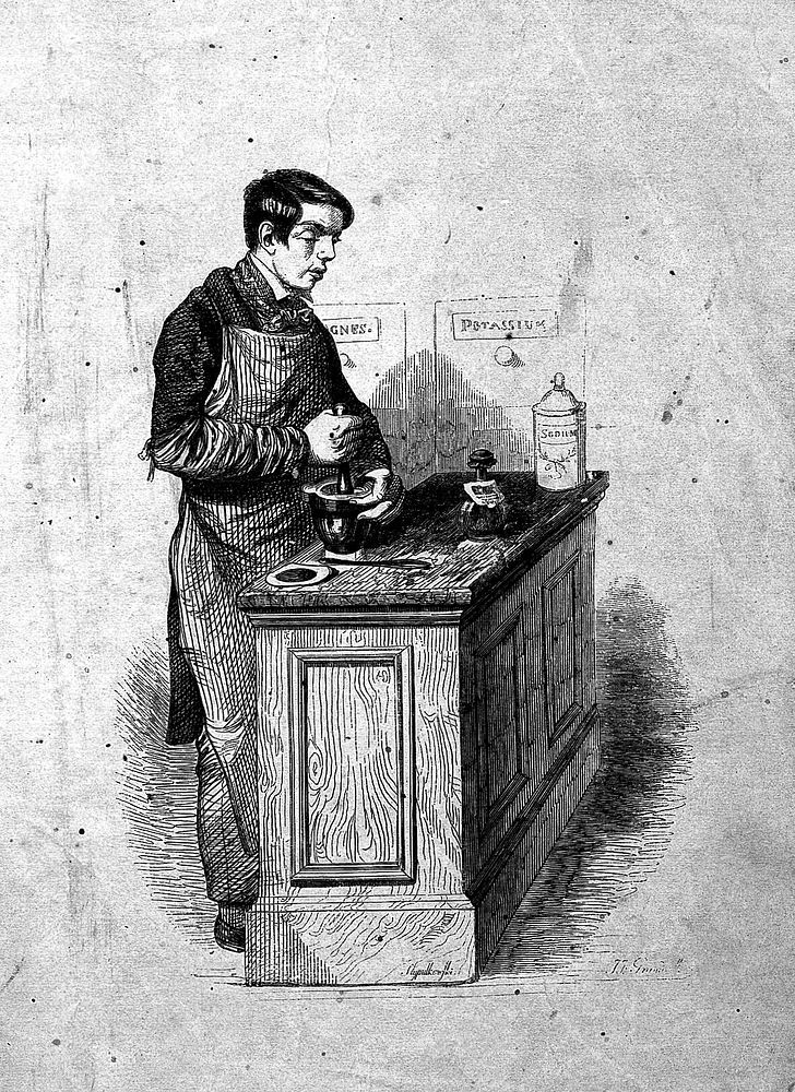 An pharmacist's apprentice mixing up a prescription. Coloured wood engraving by Stypułkowski after J.J. Grandville.