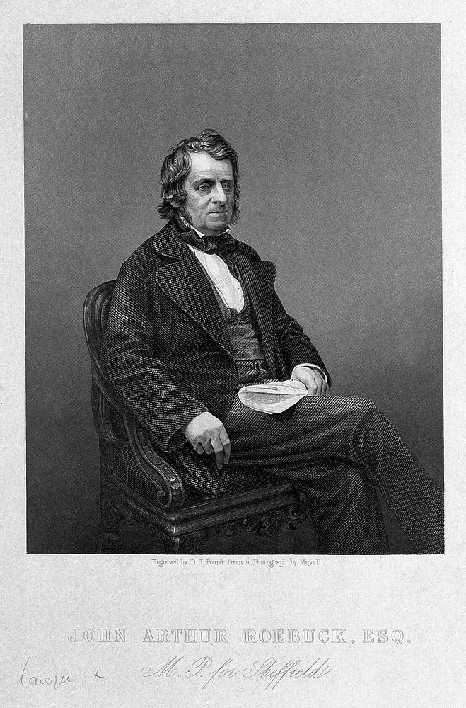 John Arthur Roebuck. Engraving by D.J. Pound, 1858, after J. Mayall.