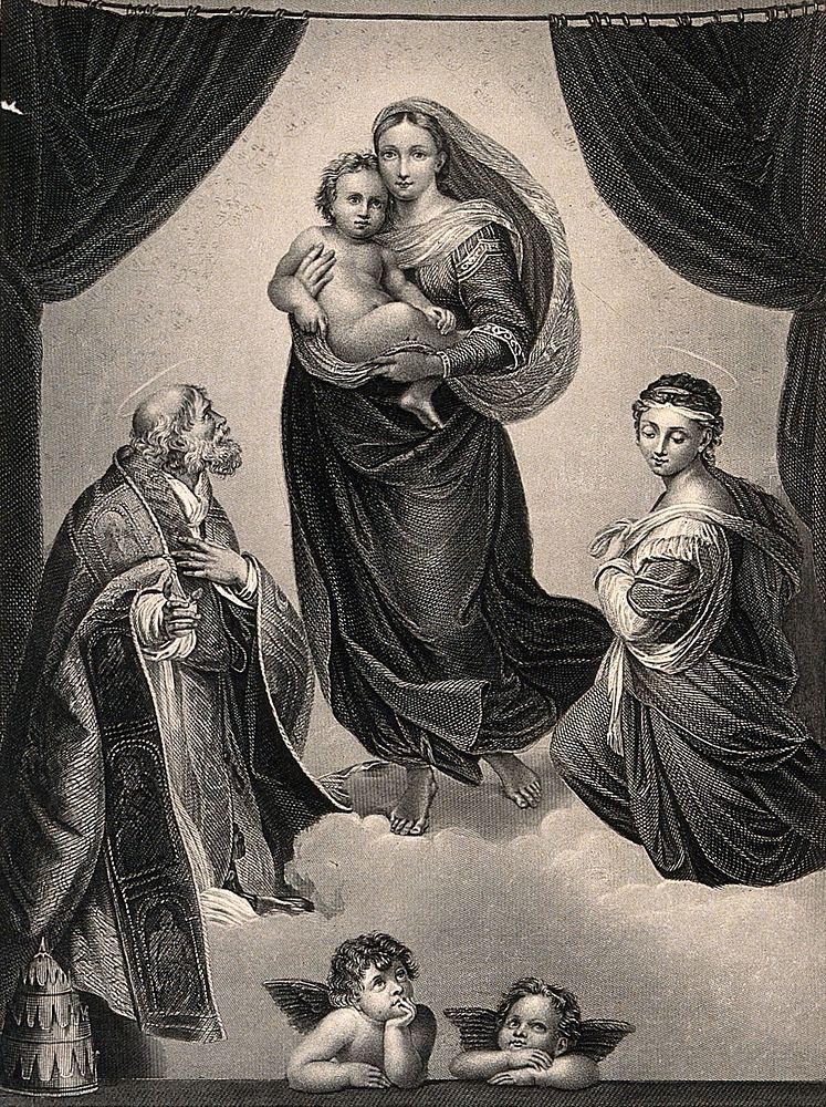 Saint Mary (the Blessed Virgin) with the Christ Child, Saint Sixtus, Saint Barbara and angels. Engraving by A. Duncan after…