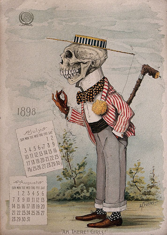A skeleton wearing fashionable clothes. Lithograph by L. Crusius, 1898.