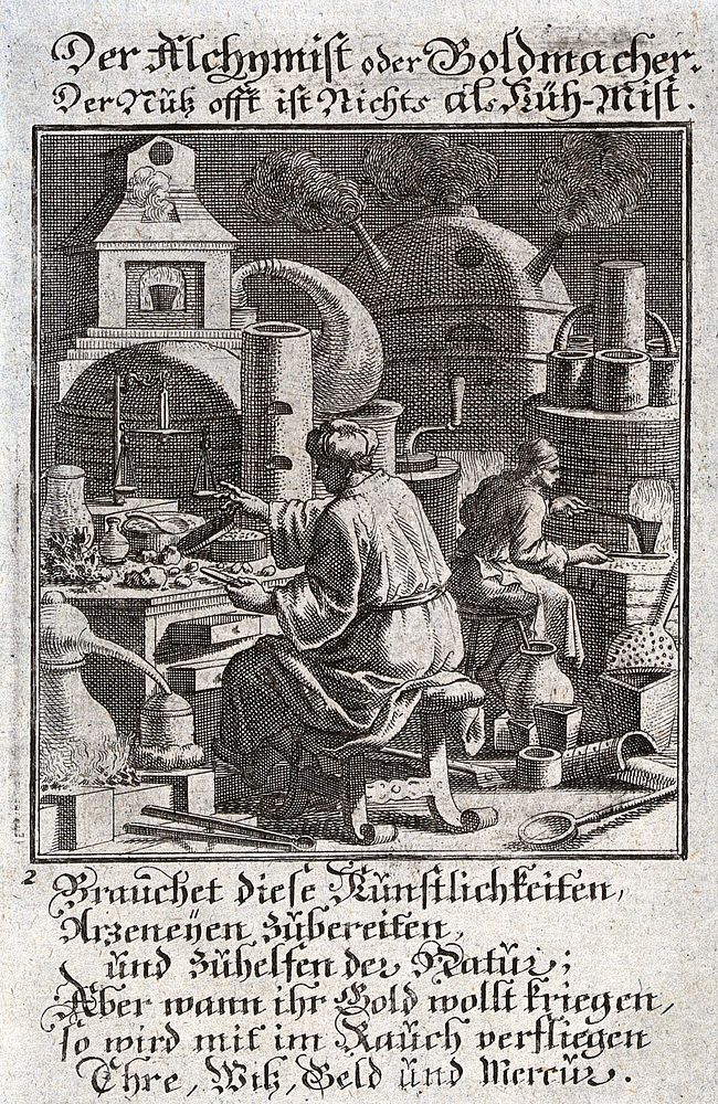 Two alchemists seeming to produce gold from a furnace; the accompanying text satirises those who pursue alchemy for gold…