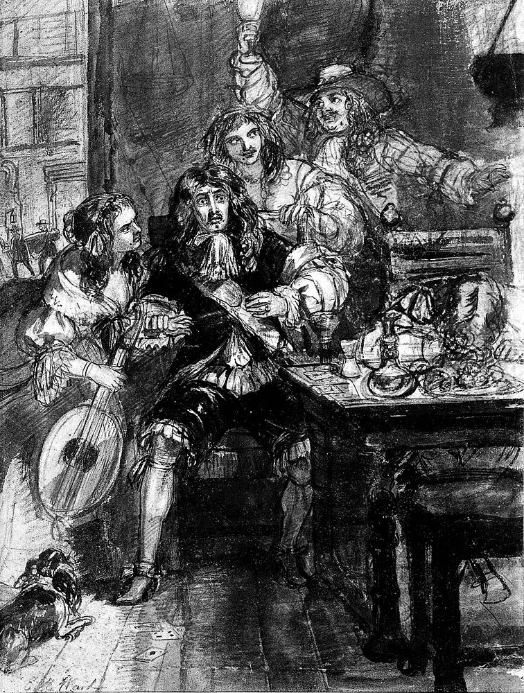 A terrified man realizing he has just contracted the plague, surrounded by a group of people. Chalk drawing by E.M. Ward…
