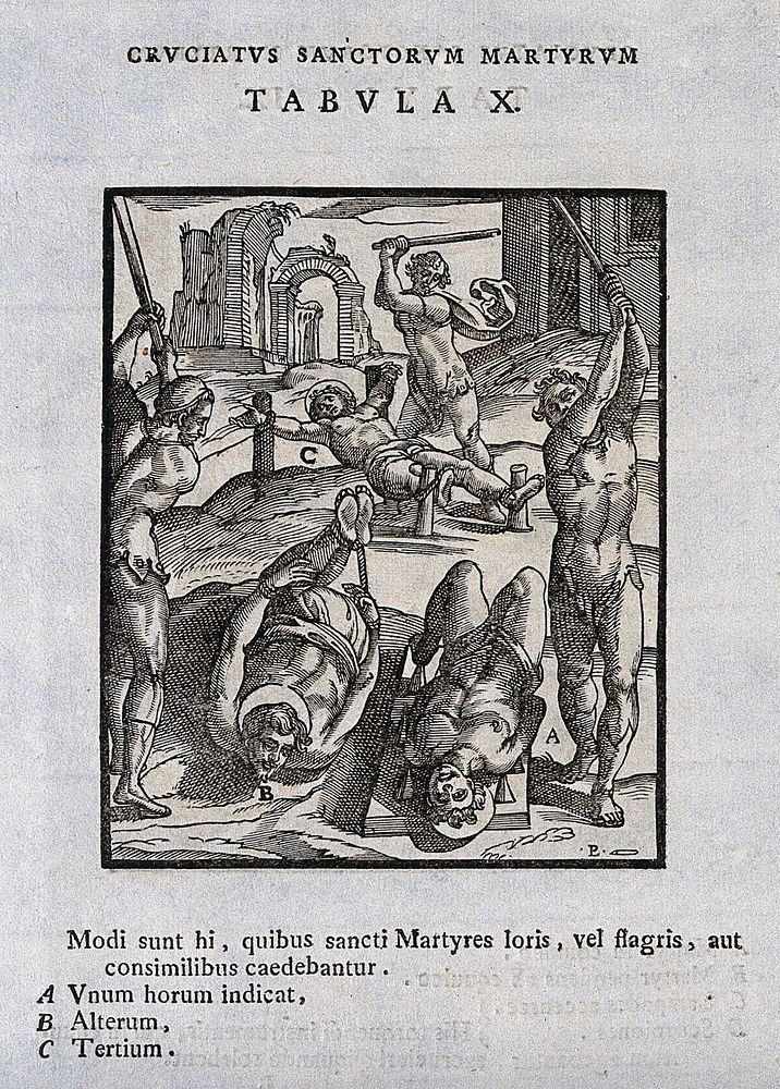 Martyrdom of three saints by various methods. Woodcut by P.L.