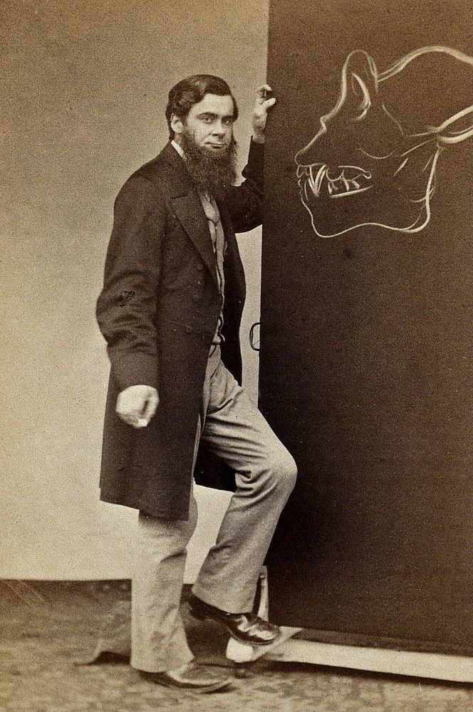 Thomas Henry Huxley lecturing on the skull of the gorilla. Photograph by Cundall Downes & Co.