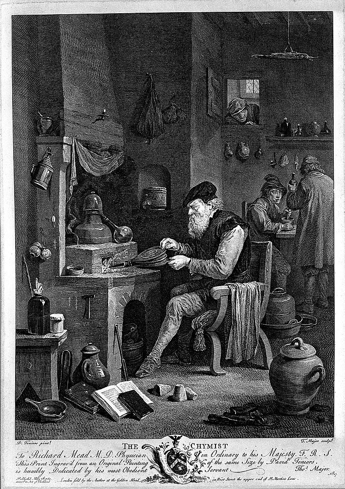 An alchemist using bellows at a furnace in his laboratory. Etching by T. Major, 1750, after D. Teniers the younger.