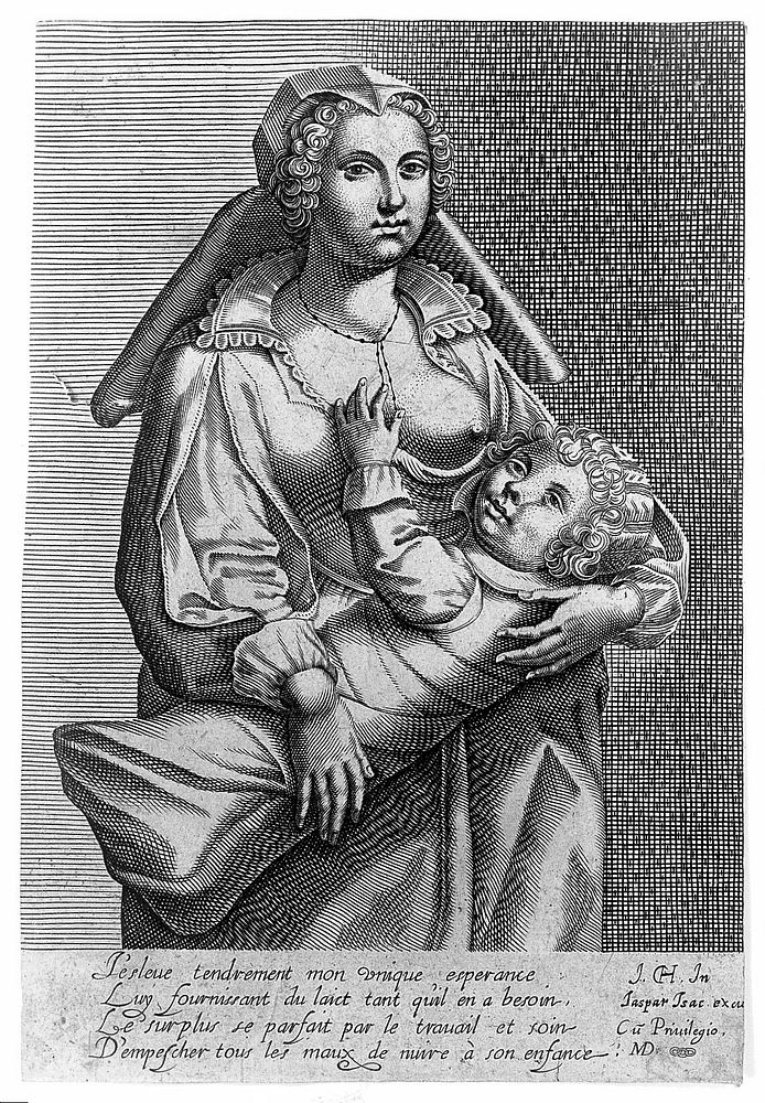 A woman breast-feeding her child. Line engraving by MD after J.Ch., [16--].