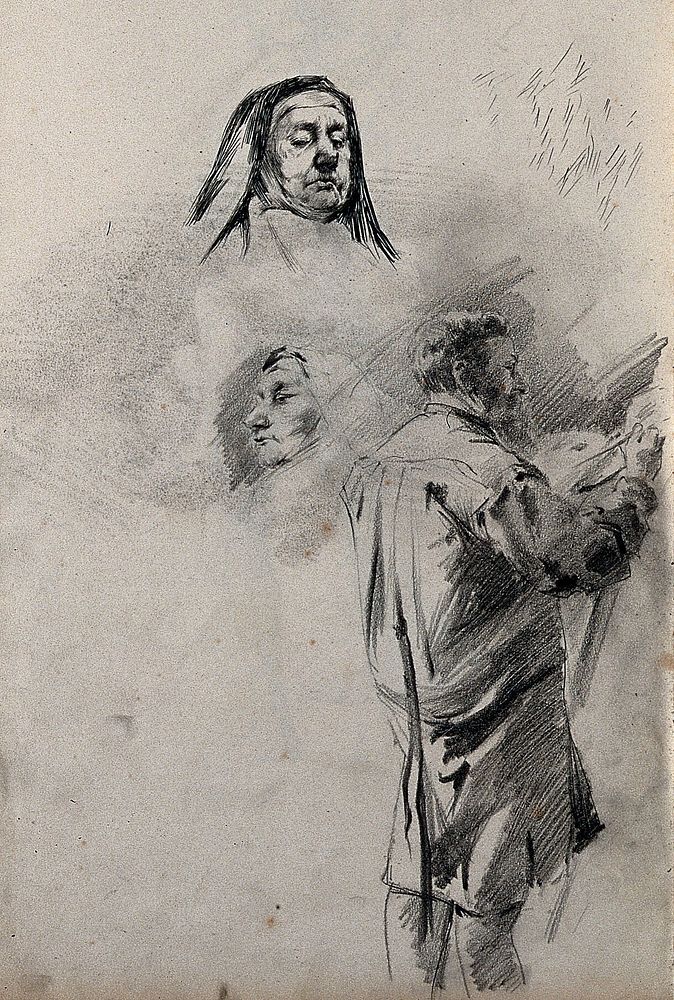 A sheet with two sketches of a nun's head and a standing male figure painting. Pencil drawing.