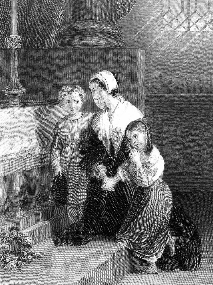 Two young children comfort their mother as she mourns at the tomb of her dead husband. Engraving by F. Bacon after Miss L.…