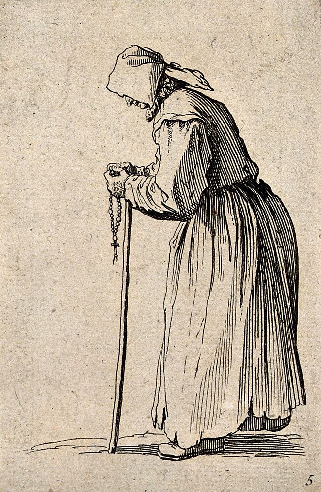 An old woman dressed in rags holding a rosary in her left hand and a staff in her right. Etching possibly after J. Callot.