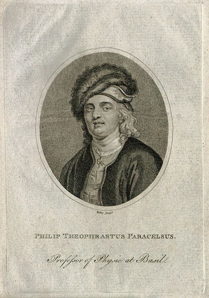 Aureolus Theophrastus Bombastus von Hohenheim [Paracelsus]. Stipple engraving by W. Ridley after Q. Matsys.