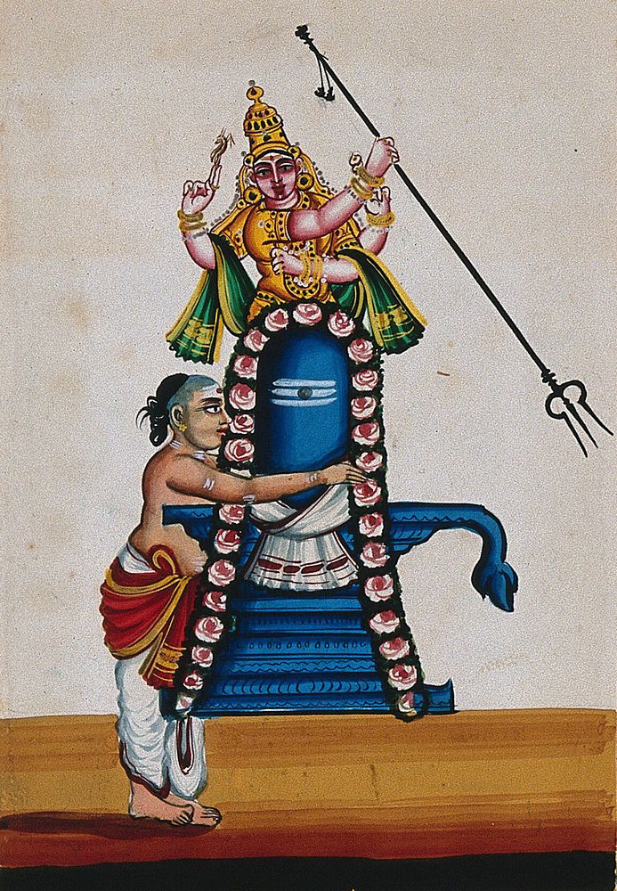 A priest decorating the Shivalingam which also has a statue of Lord Shiva behind it. Gouache painting by an Indian artist.