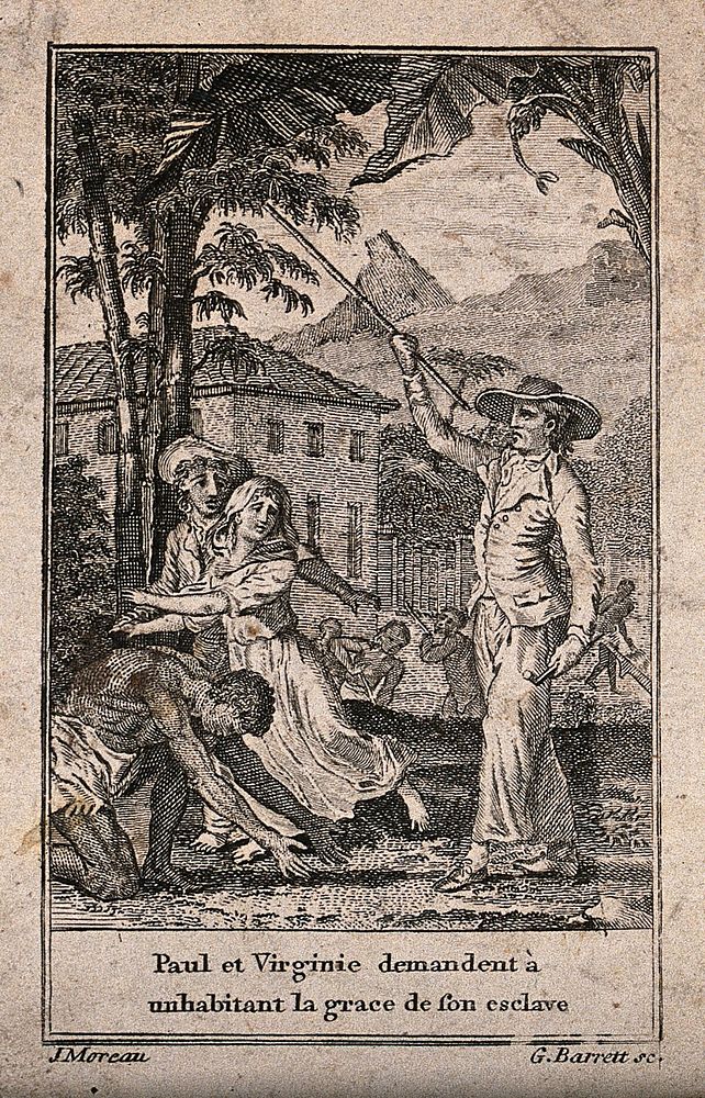 A slave is kneeling on the ground as Paul and Virginie try to protect him from a slave-owner holding a pipe and a stick.…