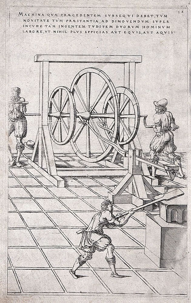 Machinery: a kind of crank-driven hammer, with a man working at a forge. Engraving after J. Besson.