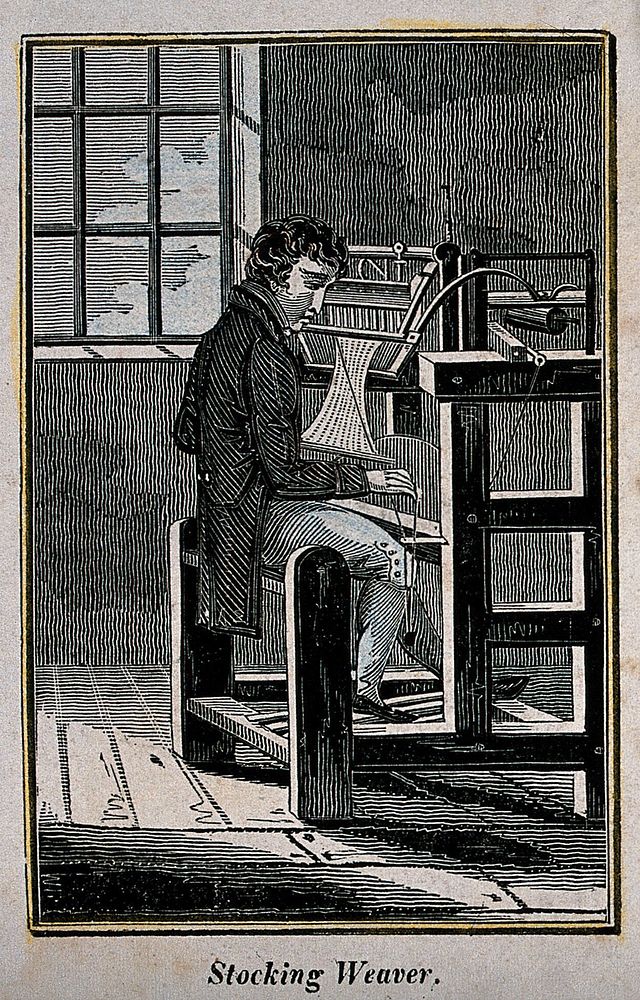 Textiles: a man sitting at a loom weaving stockings. Wood engraving.