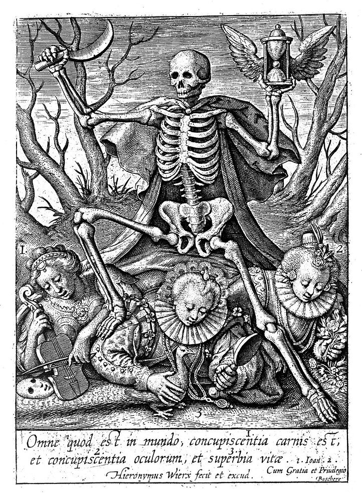 Death tramples on three female allegorical figures representing sensual pleasures. Etching by Hieronymus Wierix.