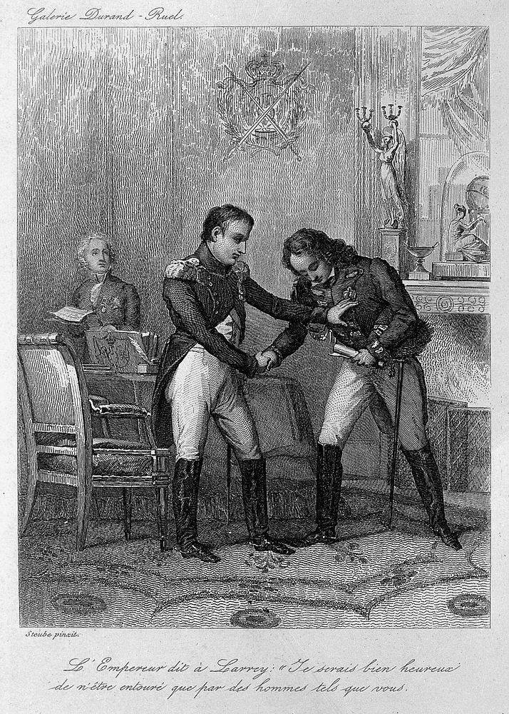 Emperor Napoleon congratulating Baron Larrey in 1813. Engraving after Steuben.