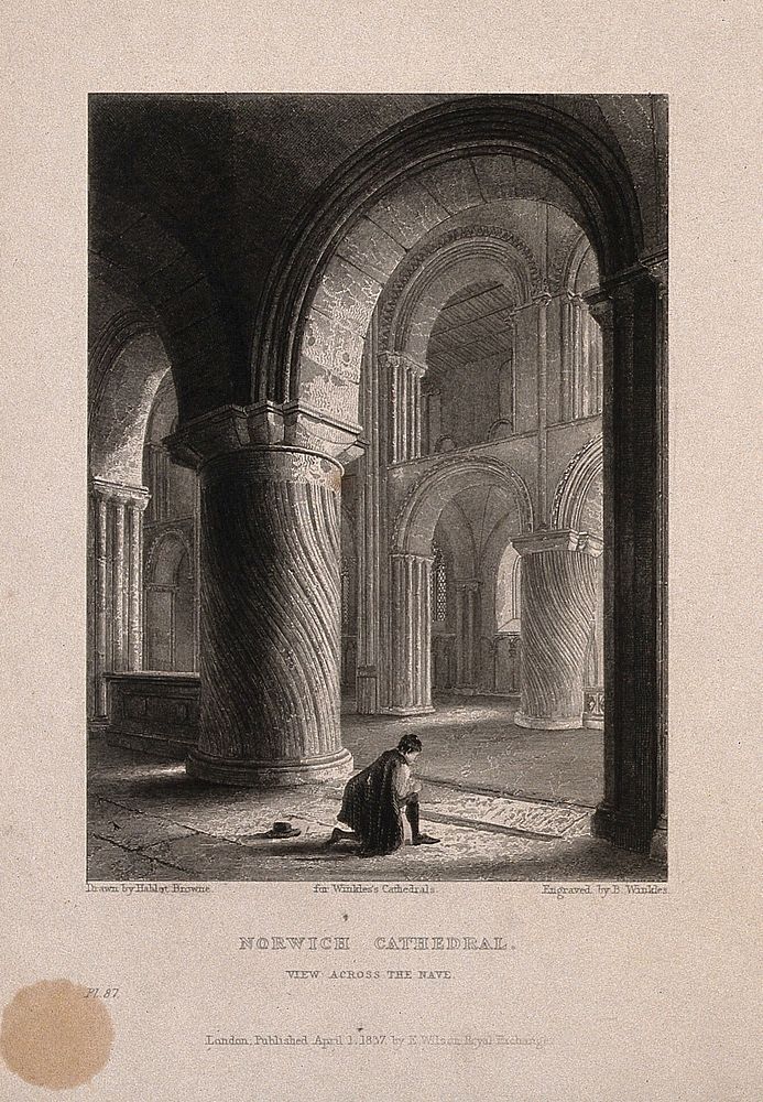 Norwich Cathedral, Norwich, Norfolk: private prayers. Etching by B. Winkles, 1837, after H.K. Browne.