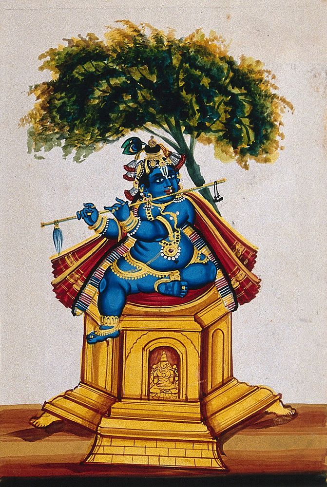 Krishna sitting on top of a temple, playing the flute. Gouache painting by an Indian artist.