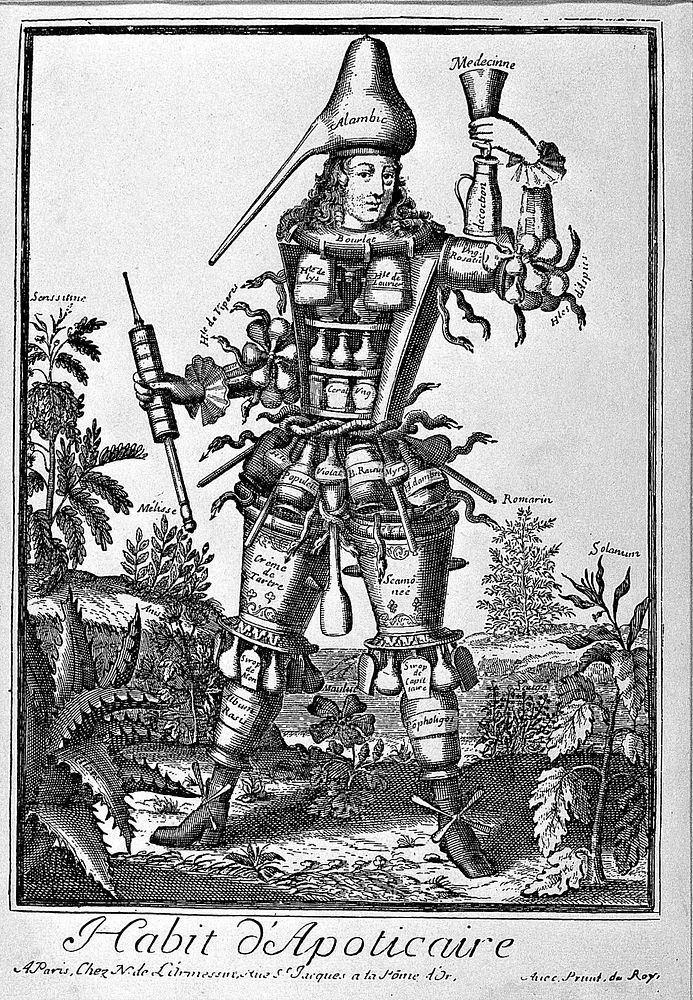 A man composed of pharmaceutical equipment, surrounded by medicinal plants. Engraving by N. de Larmessin II, 1695.