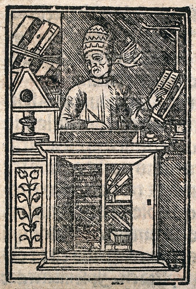Saint Gregory the Great writing his homilies. Woodcut.