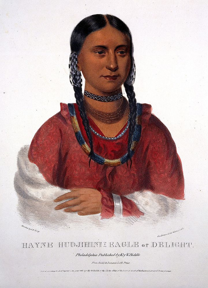 Eagle of Delight, a native American woman of the Oto (Otoe) tribe. Coloured lithograph by Childs & Inman after C. B. King…