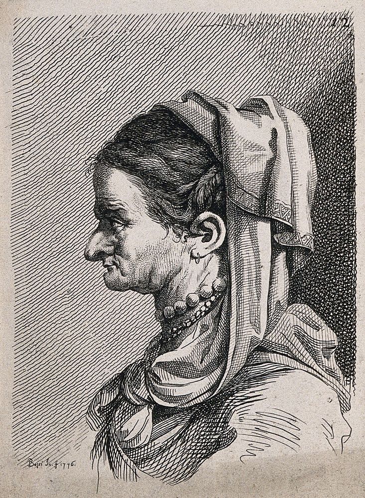 An old woman with a crumpled face, wearing elaborate costume; a physiognomic caricature. Engraving by B. Bossi, 1776, after…