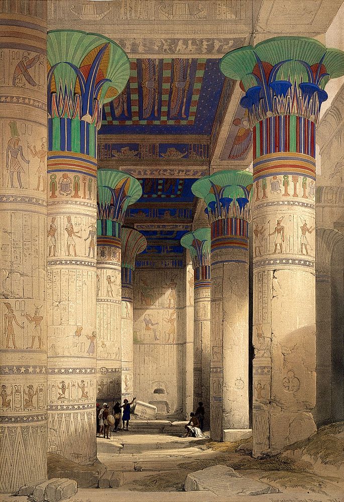 Philae, Egypt: the hypostyle hall within the temple of Isis. Coloured lithograph by Louis Haghe after David Roberts, 1846.
