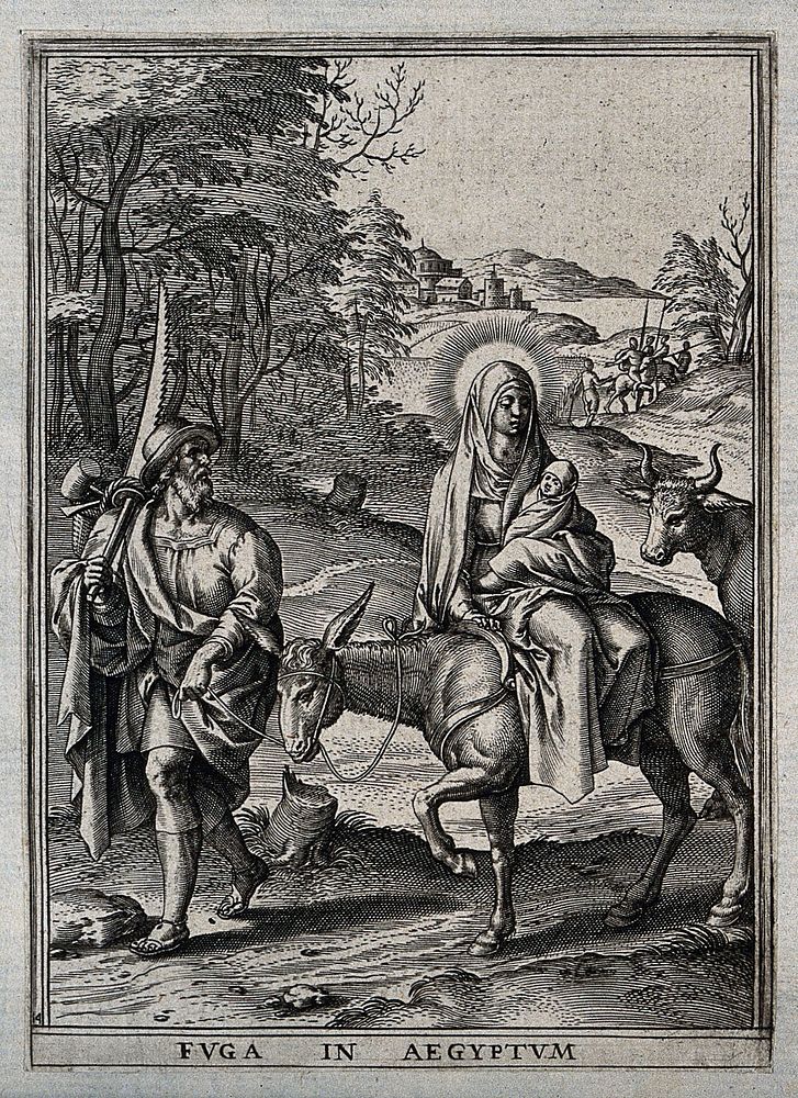 Mary and Joseph ride to Egypt with the infant Jesus. Engraving by H. Wierix..