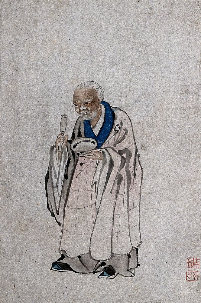 A Chinese man standing, holding a pestle and mortar. Watercolour.