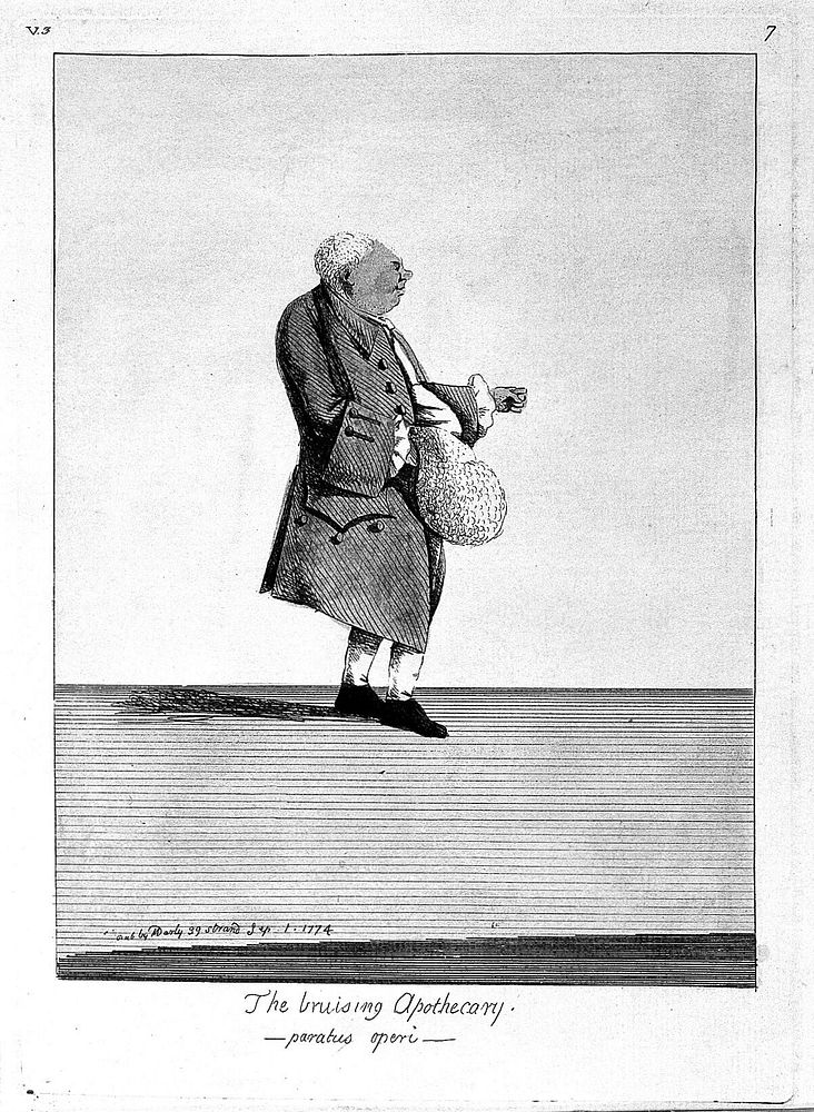 An aged unpleasant apothecary. Coloured etching by M. Darly, 1774.