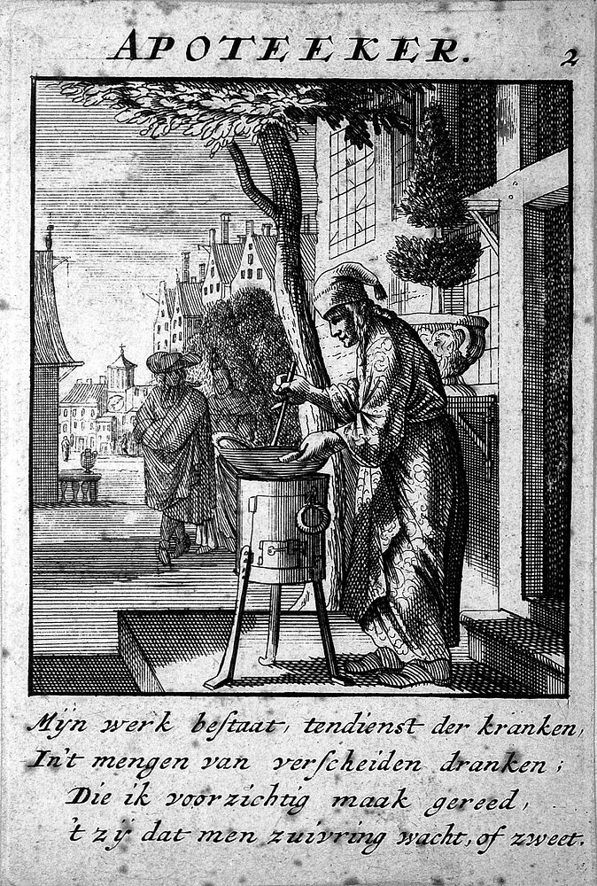 An apothecary making a concoction in the street outside his workshop. Etching.