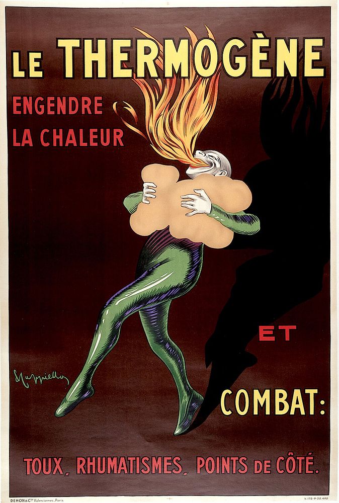A fire-eater kindling fire in his lungs with the remedy Thermogène. Colour lithograph by Leonetto Cappiello, 1909.